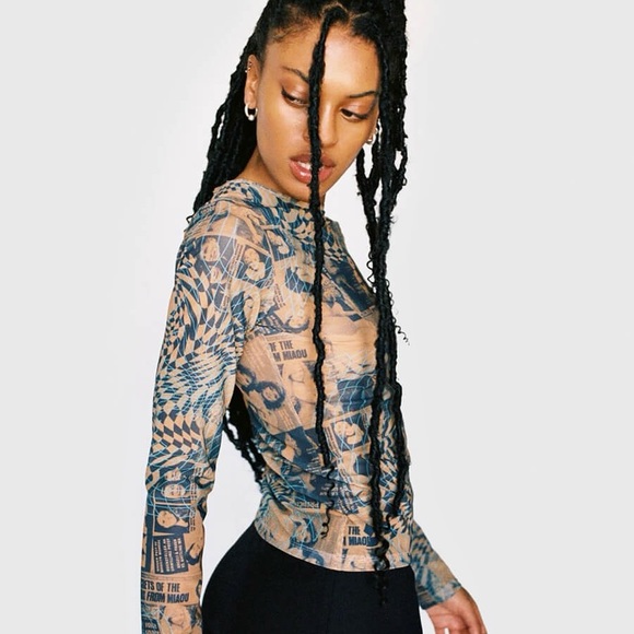 NWT Miaou Long Sleeve Tee Shirt in Mesh Wanted Print - Picture 9 of 16